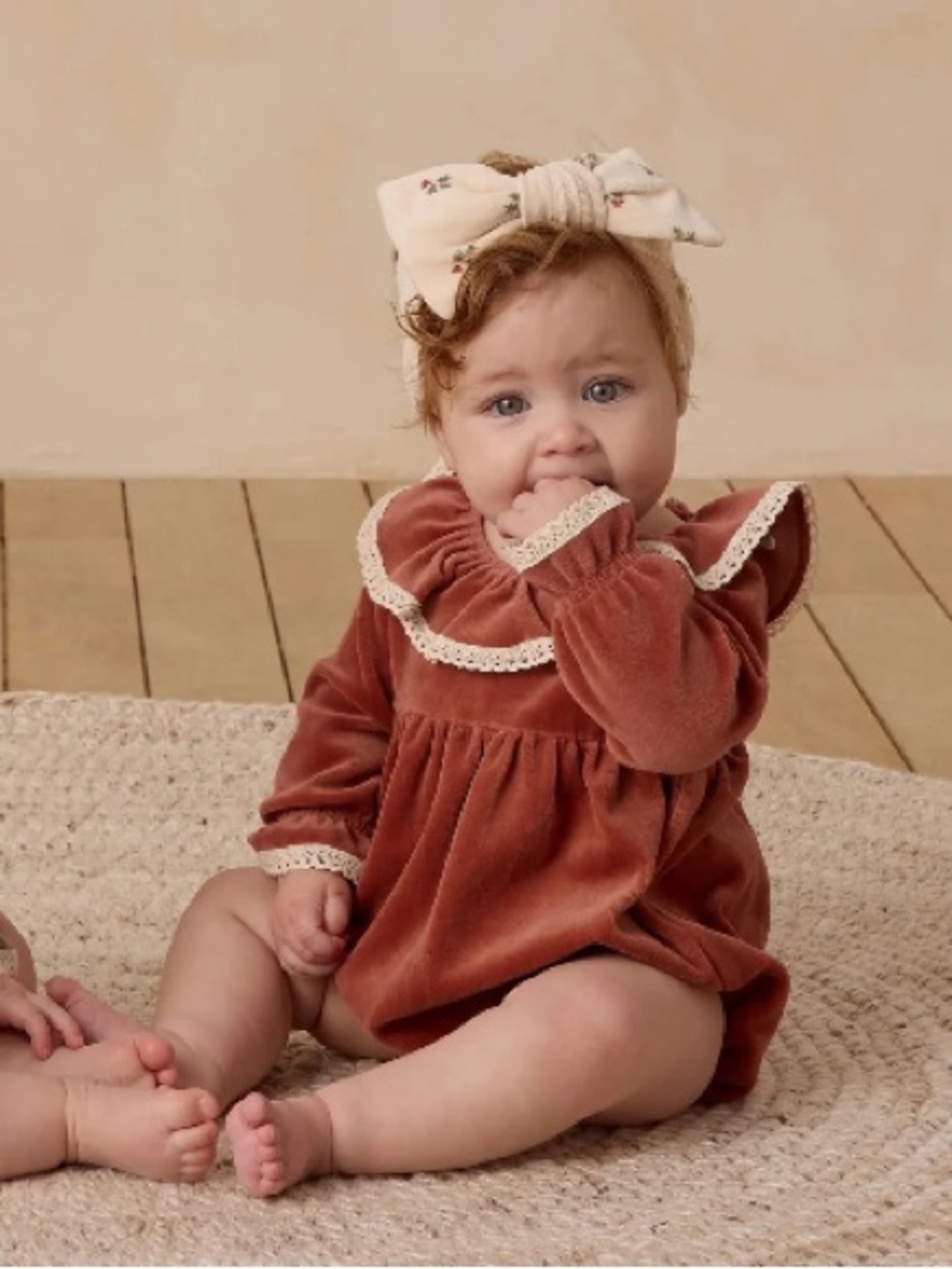 Quincy Mae Wendy Romper in Cranberry — Velour Fabric with Lace Collar